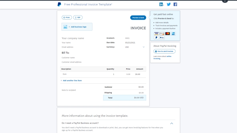 PayPal - Freelance invoice template